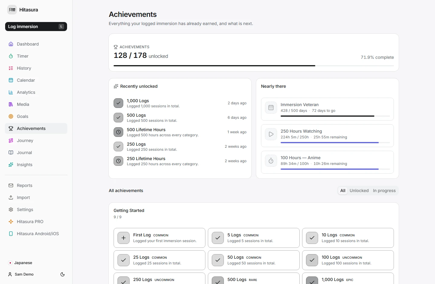 The Hitasura achievements page: 128 of 178 unlocked, recently earned badges such as 1,000 logs and 500 lifetime hours, and progress bars for the ones still to come.