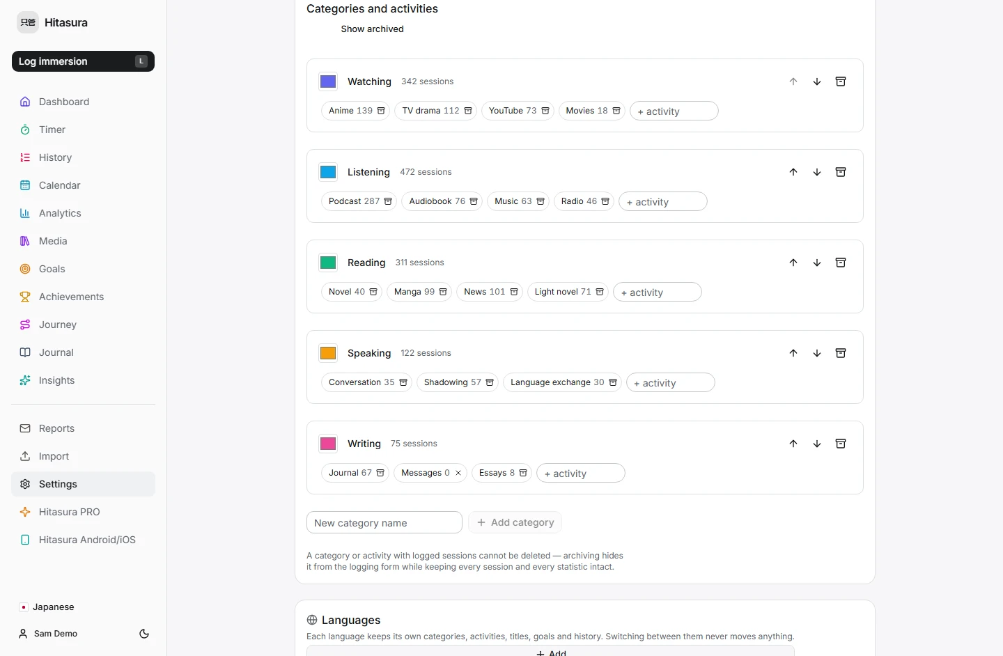 Hitasura settings: five categories, each with its own colour swatch and a row of editable activity chips beneath — Anime, TV drama, YouTube and Movies under Watching; Podcast, Audiobook, Music and Radio under Listening.