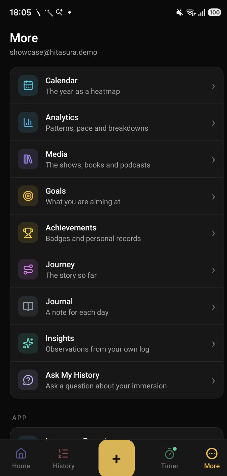 The Hitasura menu on Android: calendar, analytics, media, goals, achievements, journey, journal, insights and Ask My History.