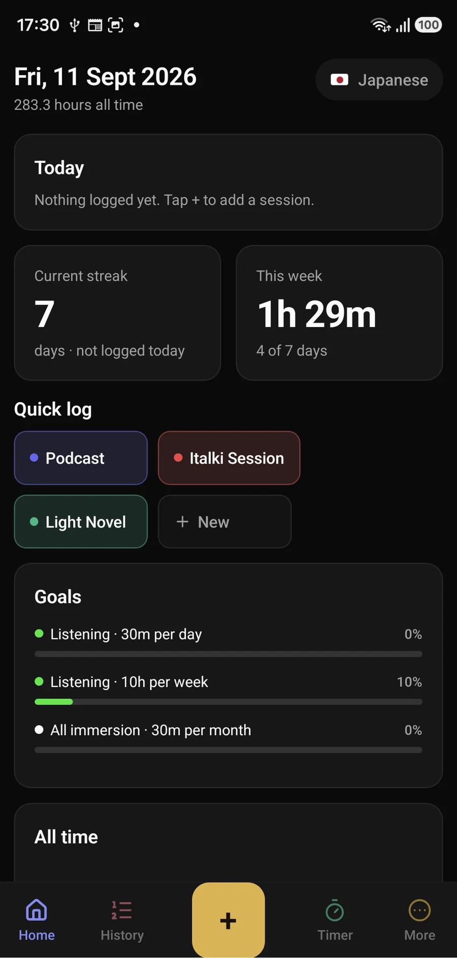 The Hitasura dashboard on Android: streak, weekly total, quick-log buttons and goal bars.